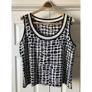 St John SZ L Santana Knit Black White Trim Scoop Neck Sleeveless Tank Shell Top